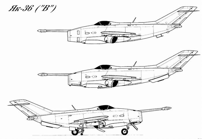 Plan trois vues du Yak-36, noter l'ajout de quille sous le fuselage sur le deuxième profil